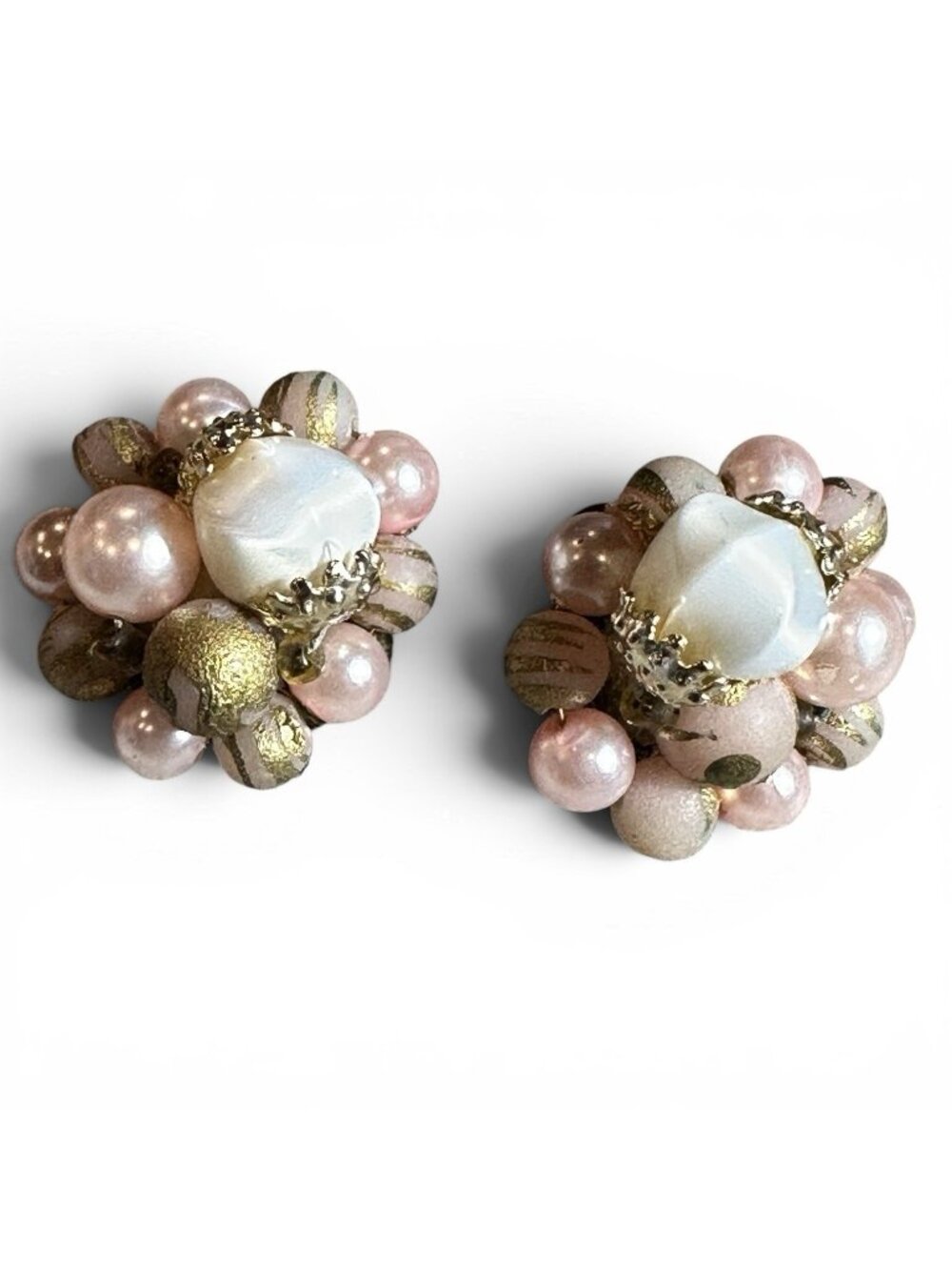 VTG Japan Signed Beaded Cluster Pink & Gold Clip On Earrings Estate Jewelry